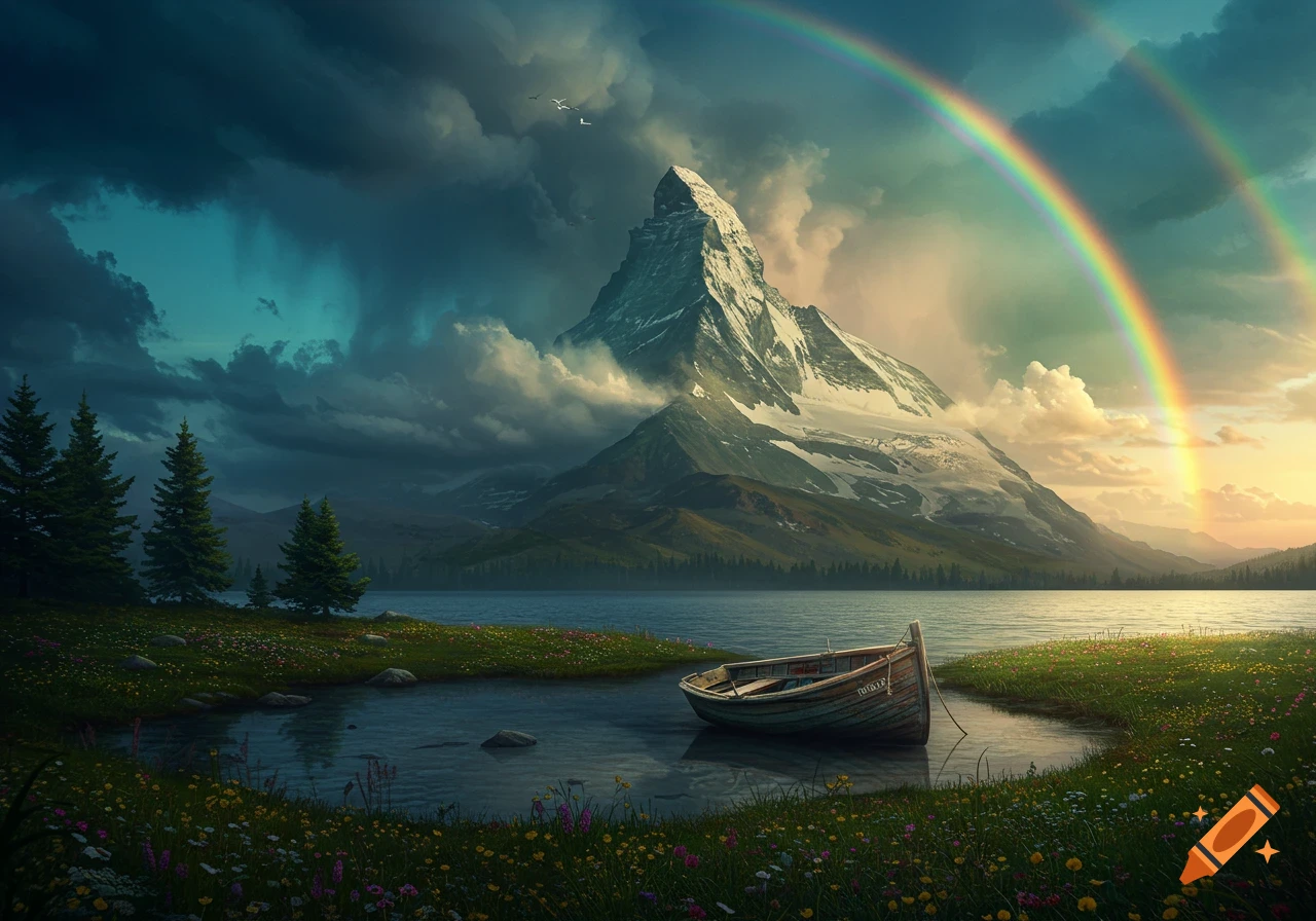 A mountain rising behind a lake with a boat on the shore, a double rainbow arches over a clearing storm.