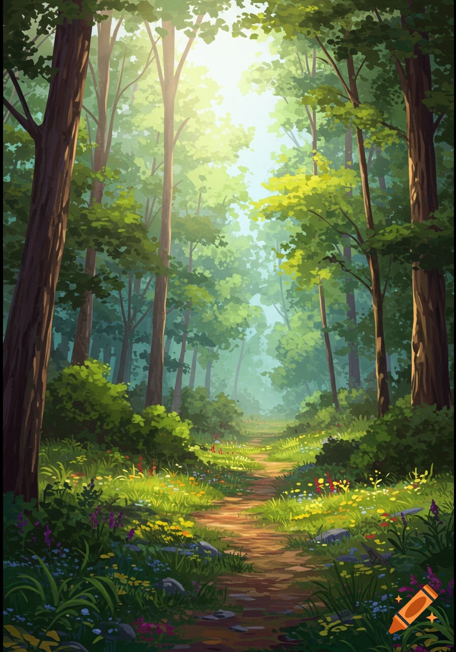 A sunlit forest path winds through trees and wildflowers.