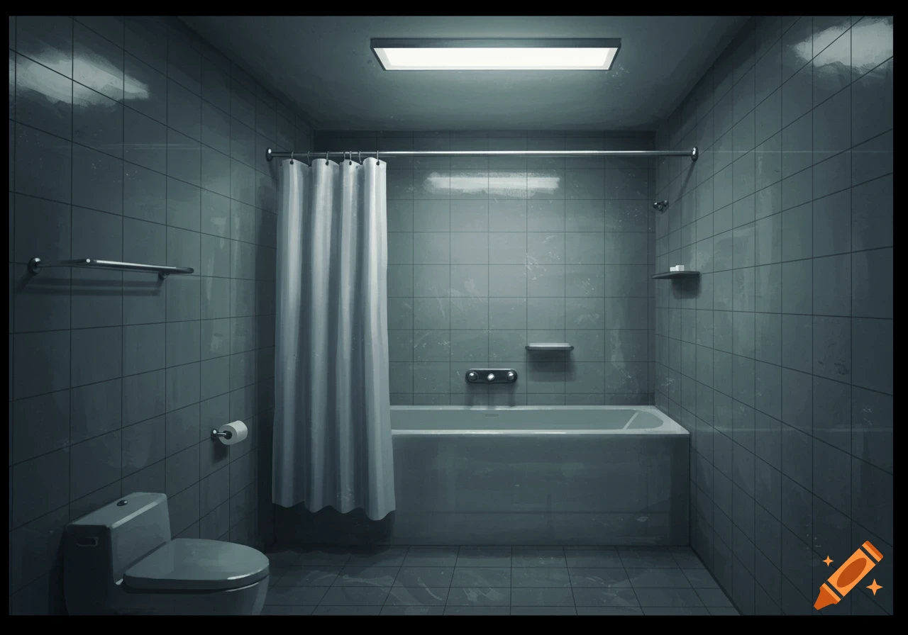 A cold, grey tiled bathroom with a toilet, tub, and shower curtain.