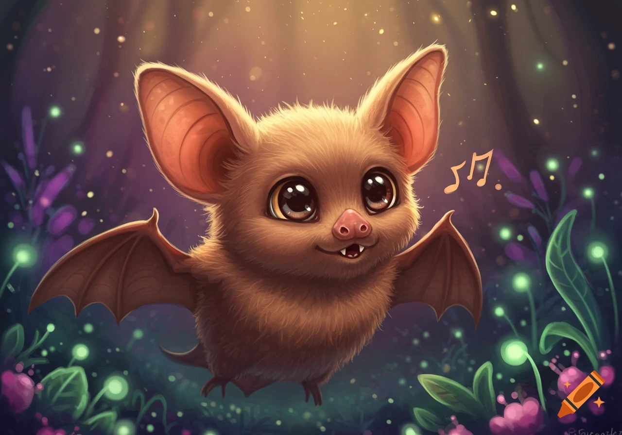 Cute cartoon bat flying in a glowing forest with musical notes