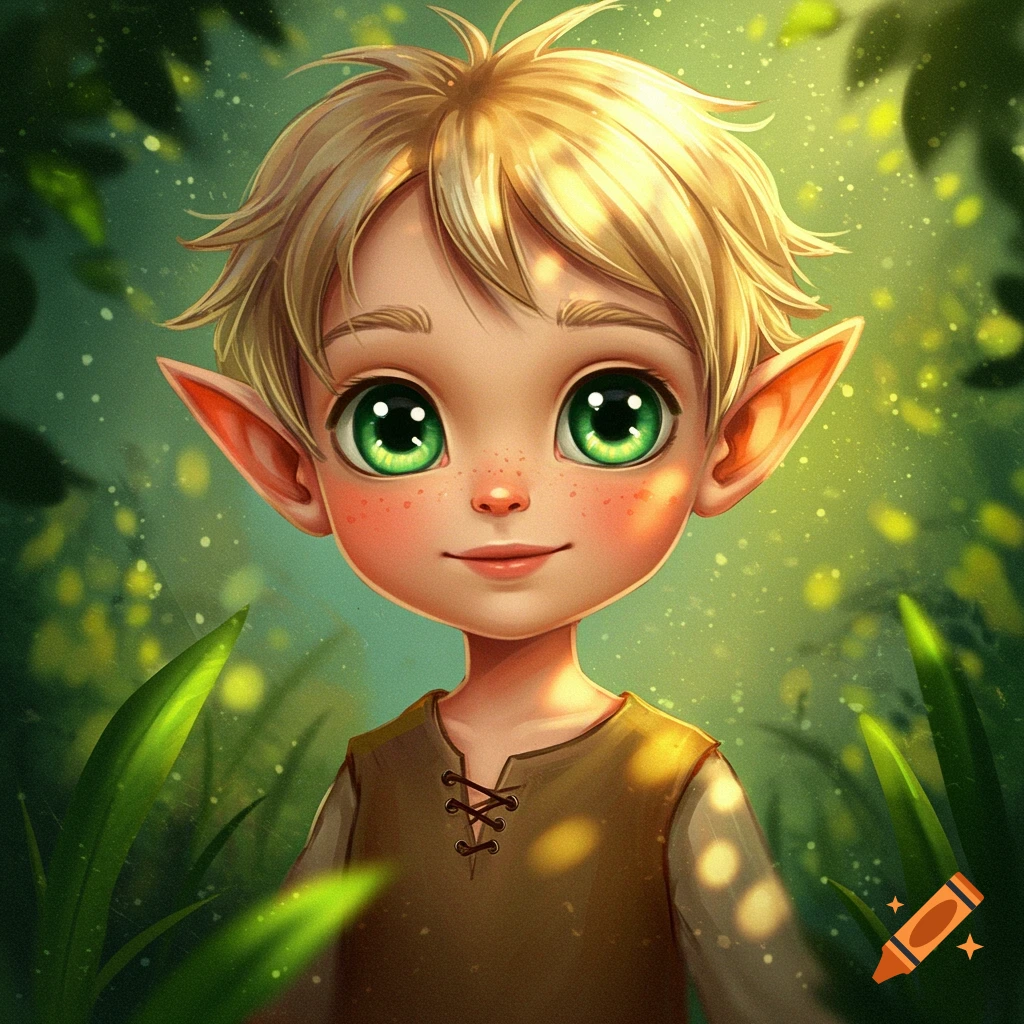 Cute blonde elf boy with large green eyes in an enchanted forest