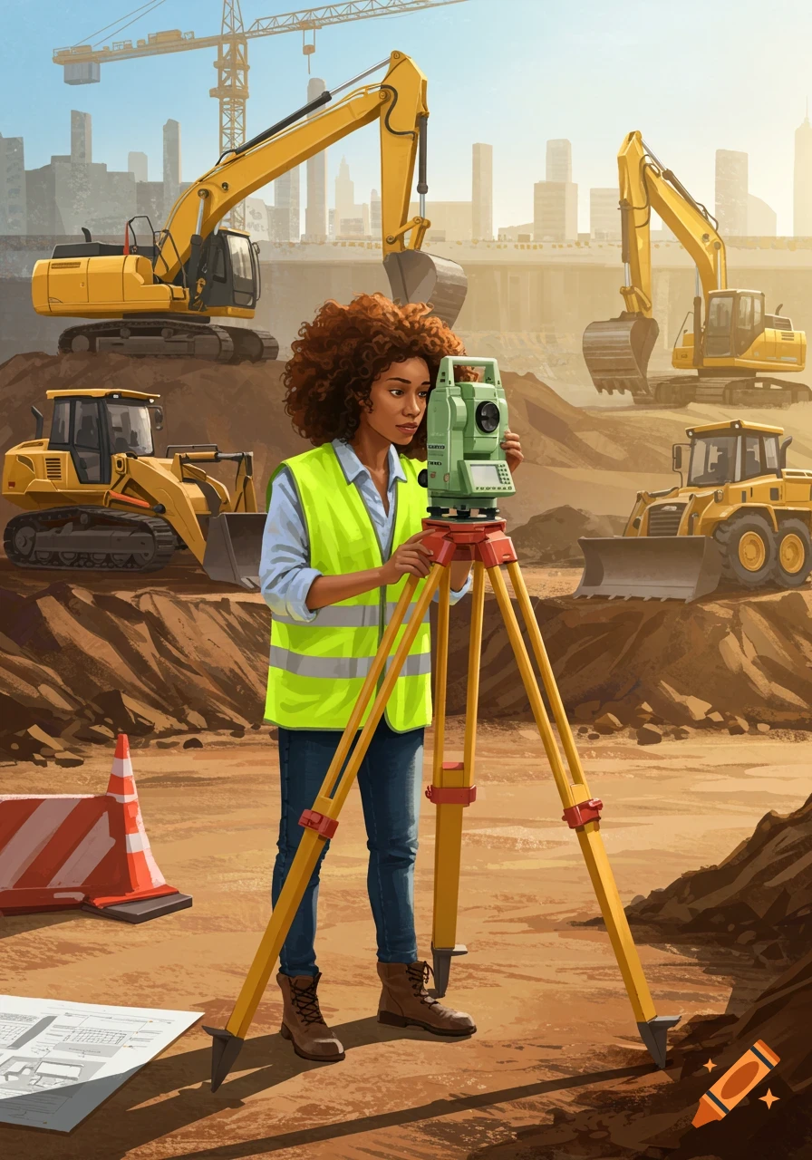 A woman is using surveying equipment at a construction site with heavy machinery.