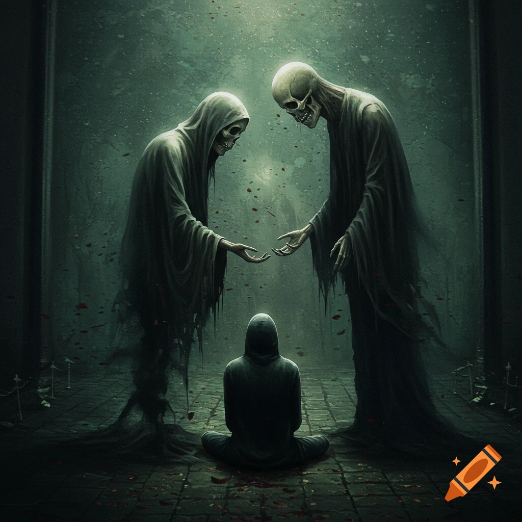 Two robed skeletal figures reaching towards a seated hooded person in a dark, atmospheric scene.
