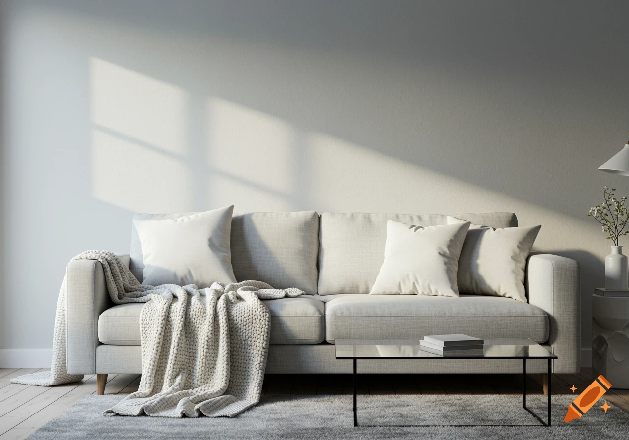 A living room with a sofa, throw blanket, pillows, and coffee table in sunlight