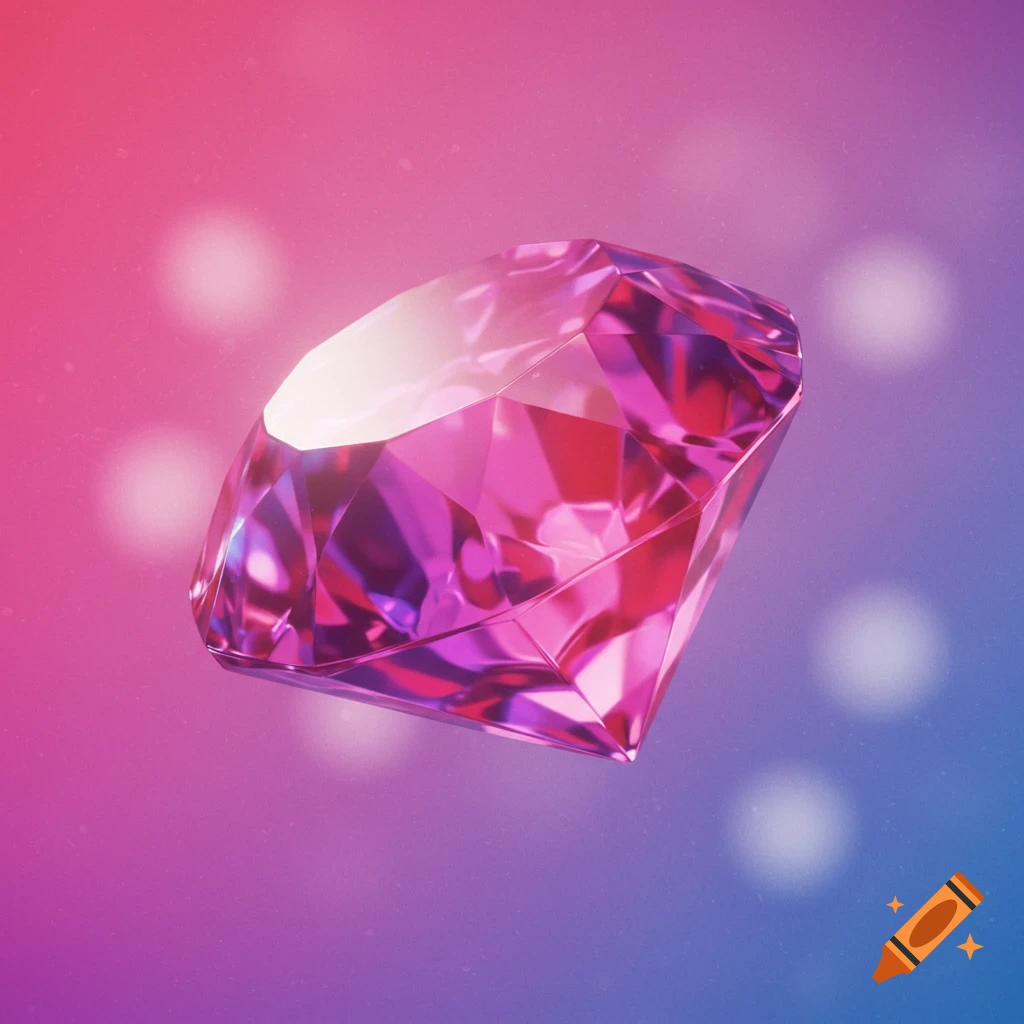 A faceted pink gem floats on a pink and blue gradient background with blurry lights.