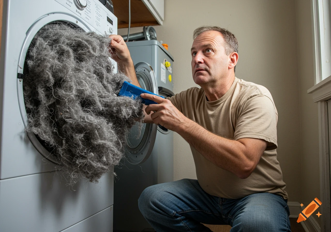 Man kneeling to clean a large amount of grey lint from a dryer