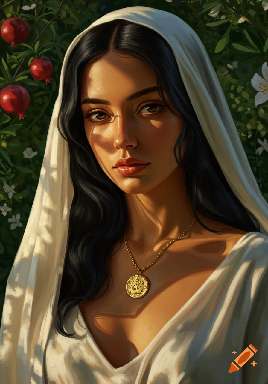 A young woman with a white veil and gold necklace in a lush garden with pomegranates.