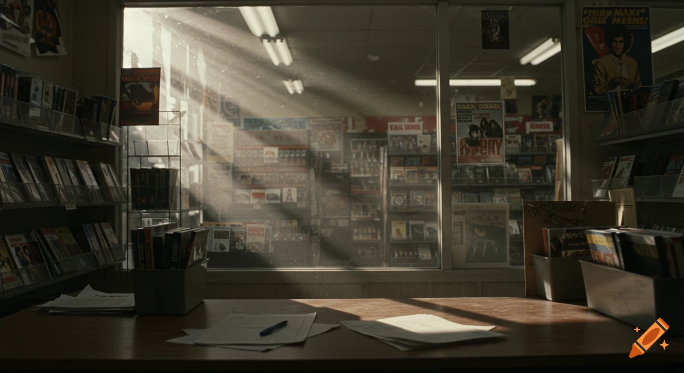 Interior view of an 80s video store with sunlight rays through the window and shelves of movies.