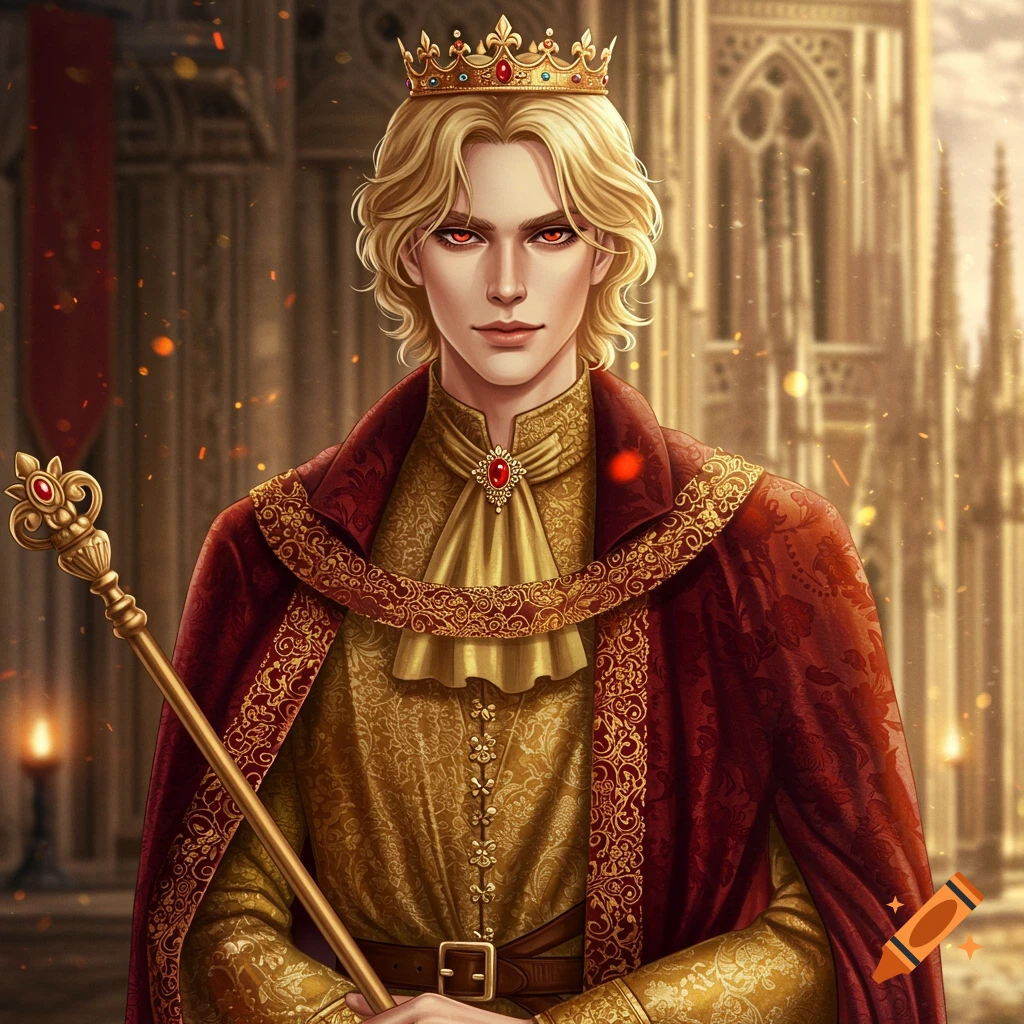 A blonde-haired, red-eyed young man in royal attire with a crown and scepter, standing before a castle.