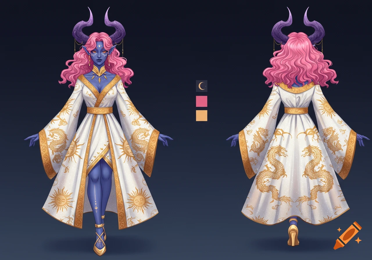 Digital illustration of a blue-skinned demon with pink hair, purple horns, wearing a white and gold patterned dress with sun and dragon motifs.