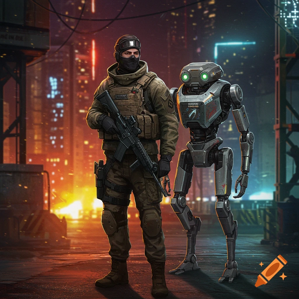A soldier with a robot companion in a futuristic city.