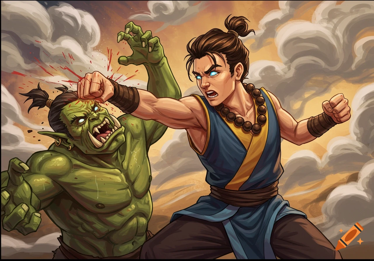 A young male monk punching a green orc in the face.