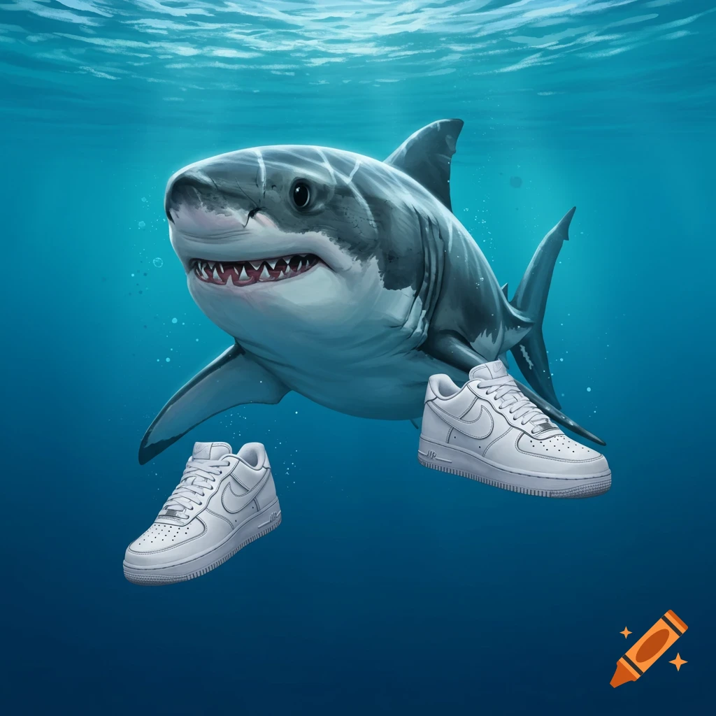 An image shows a shark underwater with two white sneakers floating nearby.