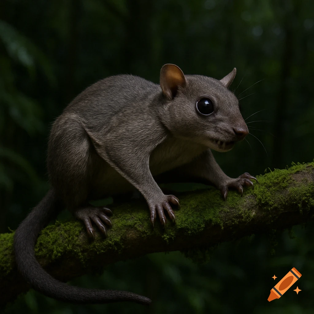 Photorealistic image of a small, furry, rodent-like animal with large eyes sitting on a mossy branch in a dark forest.