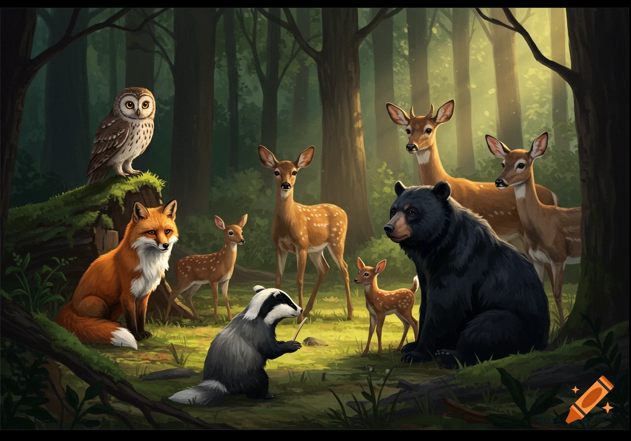 Forest animals including a bear, fox, deer, badger, and owl gathered in a forest.
