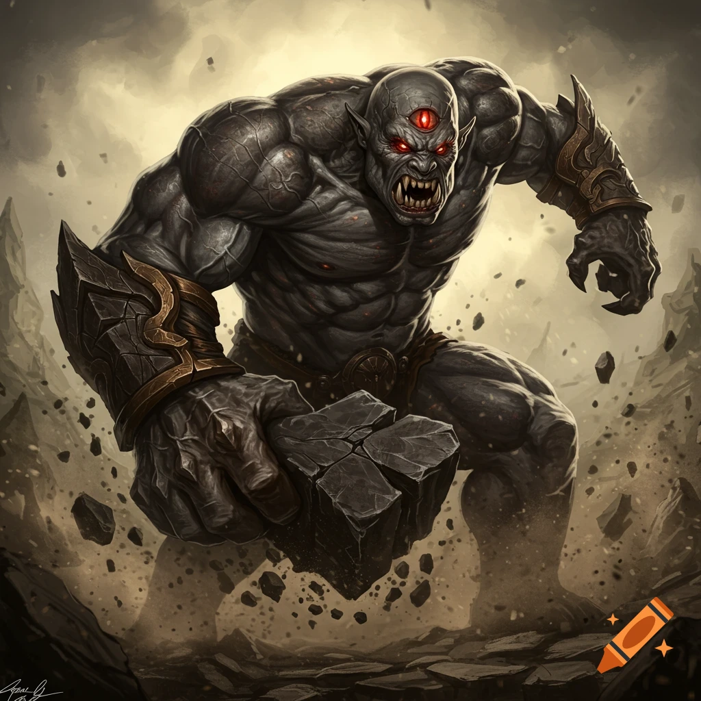 A muscular, three-eyed grey monster crushing rocks.