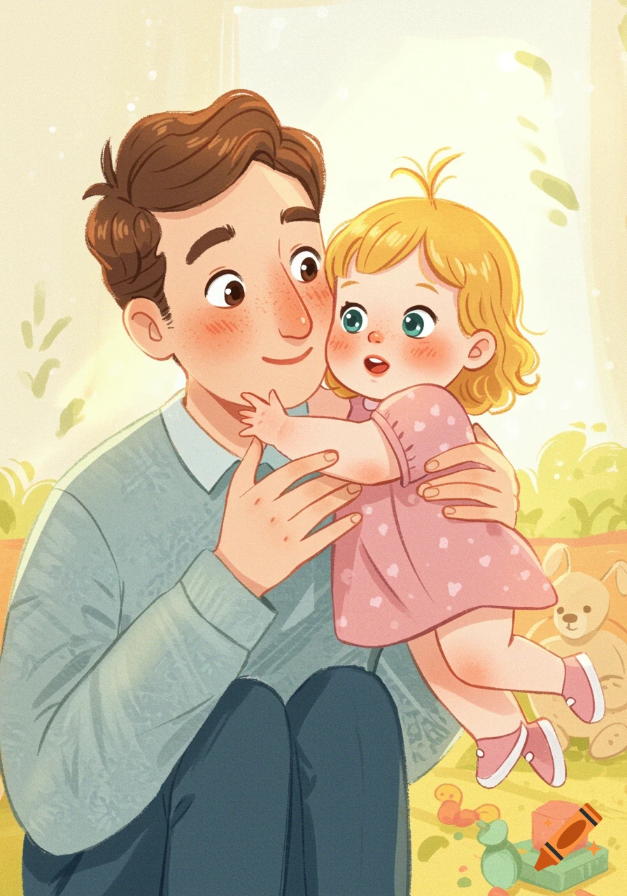 Illustrated man cuddling a toddler in a whimsical picture book style, surrounded by toys.