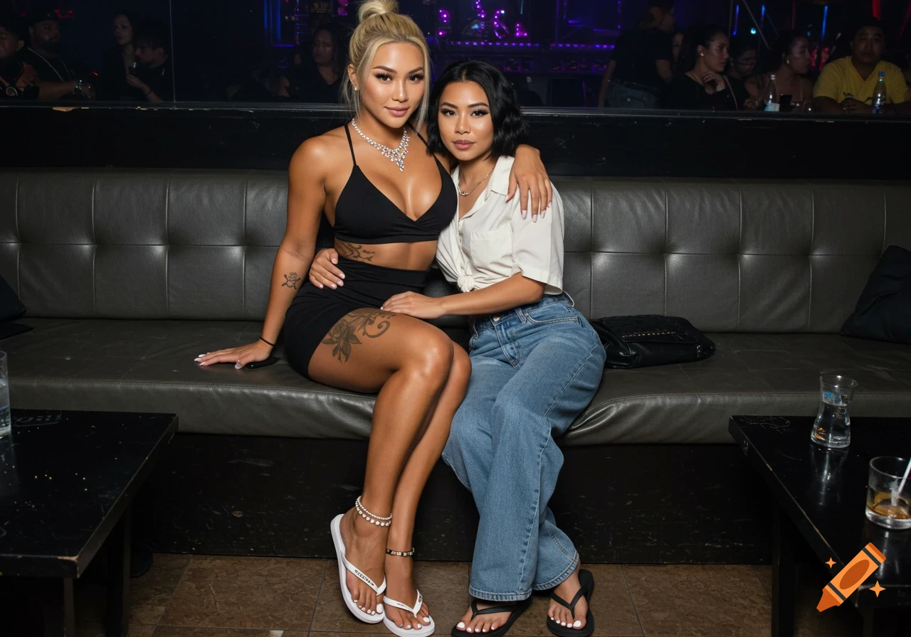 Two women sitting on a couch in a nightclub, one in a black dress, the other in jeans
