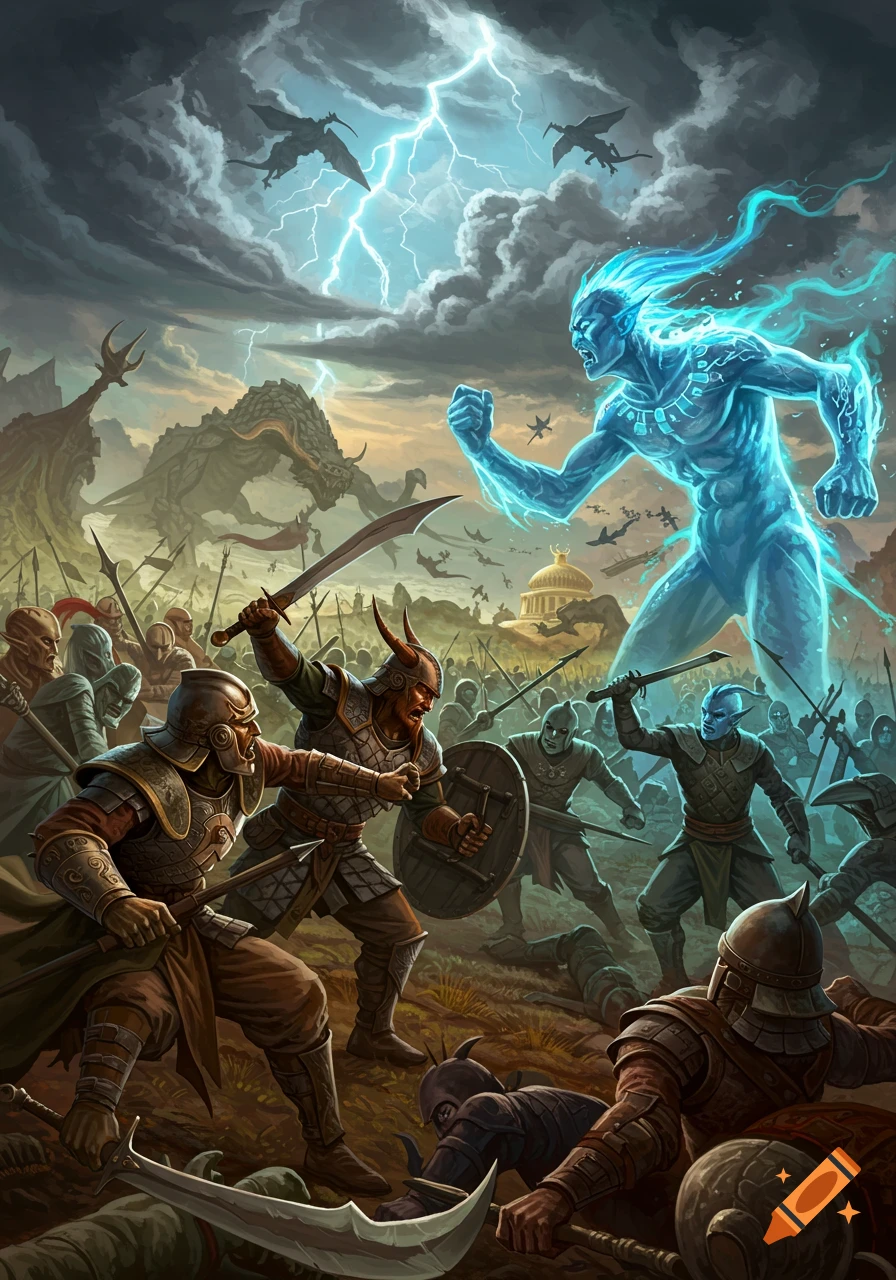 A fantasy battle scene with warriors fighting a giant glowing figure under a stormy, lightning-filled sky.