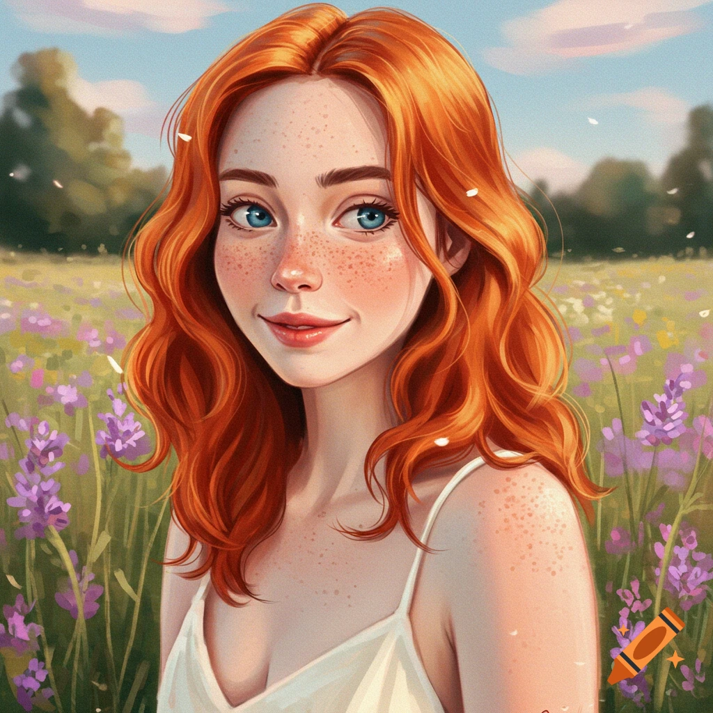 A woman with red hair and freckles smiling in a field of purple flowers.