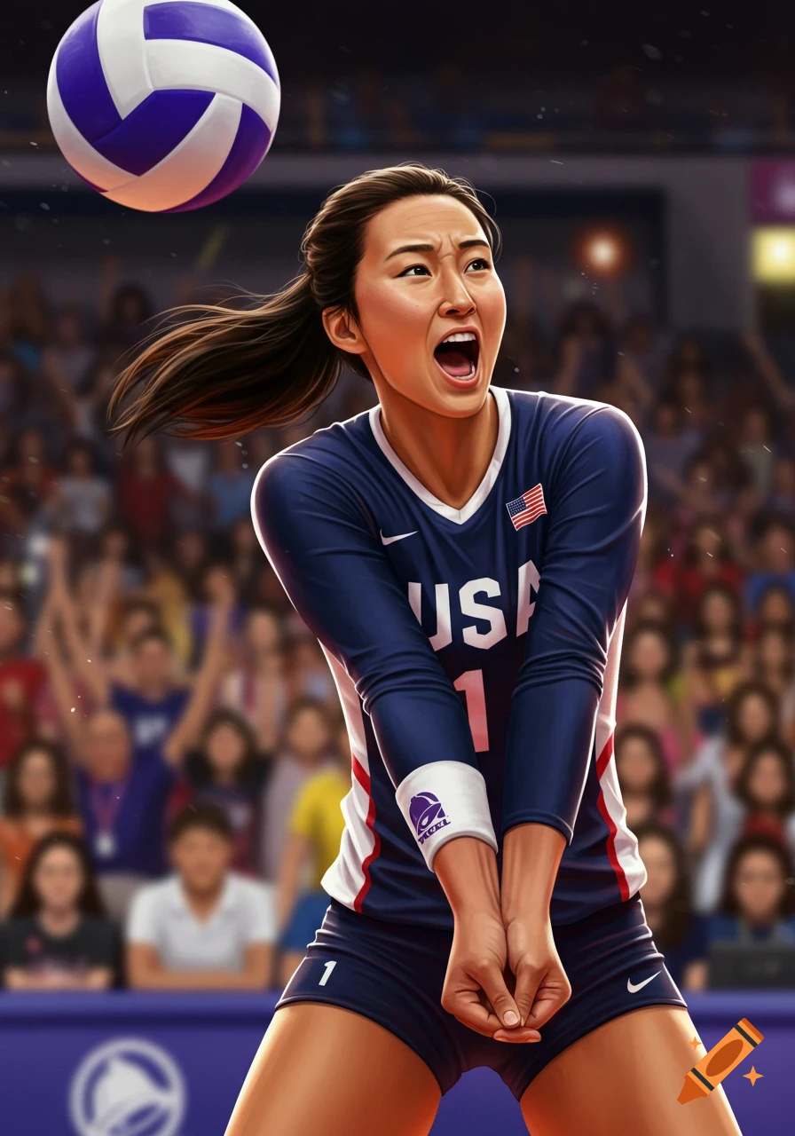 A USA volleyball player hits a ball during a game.