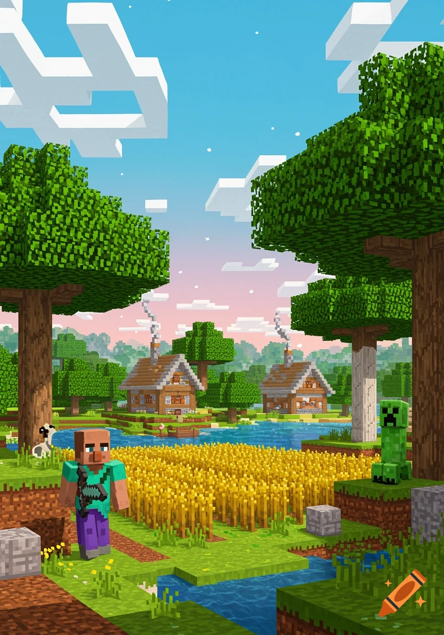 Minecraft scene with villager, creeper, houses, wheat field, lake under a bright sky in pixelated style.