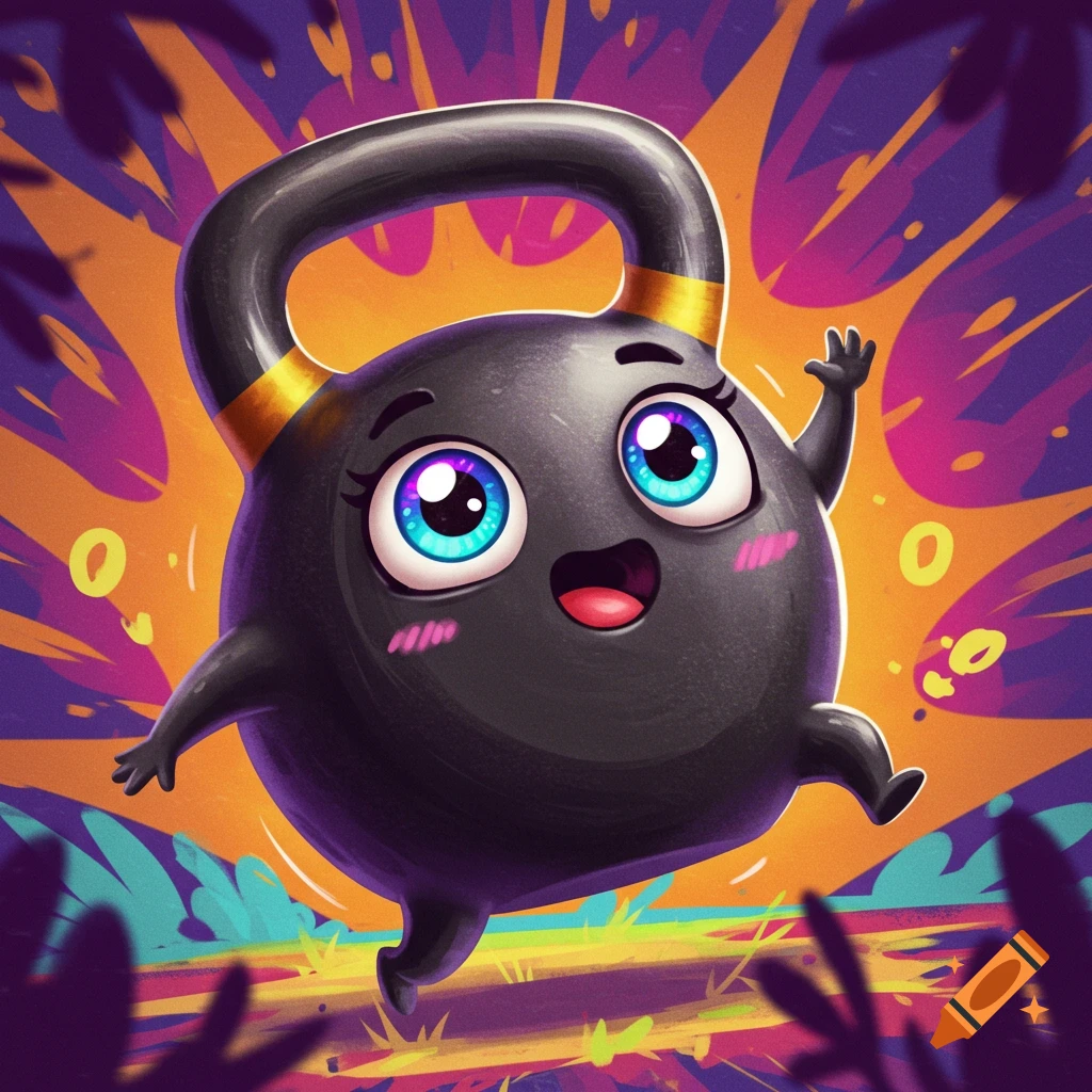 Cartoon kettlebell character with big eyes jumping in front of colourful background.