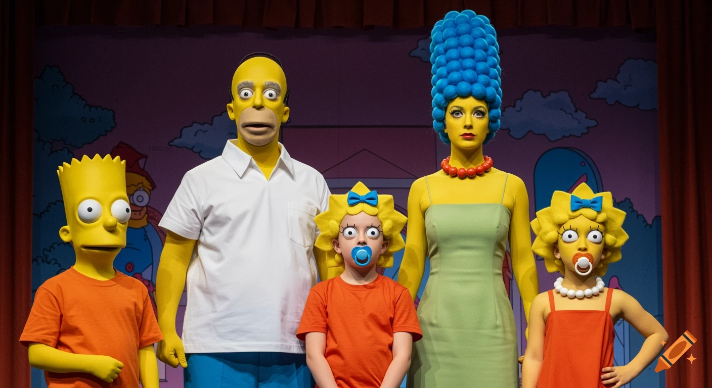 People in uncanny, realistic costumes of The Simpsons characters standing on a stage with a cartoon backdrop.