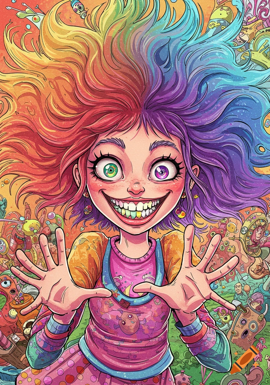 Colorful digital illustration of a girl with rainbow hair, mismatched eyes, and wide smile, reaching out hands.