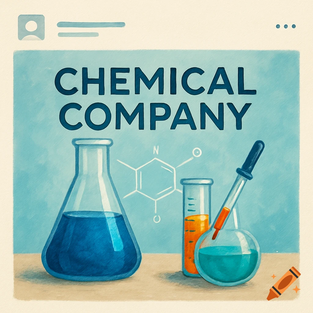 An illustration of laboratory glassware including beakers, a test tube, and pipette in front of a chemical structure and the text "CHEMICAL COMPANY".