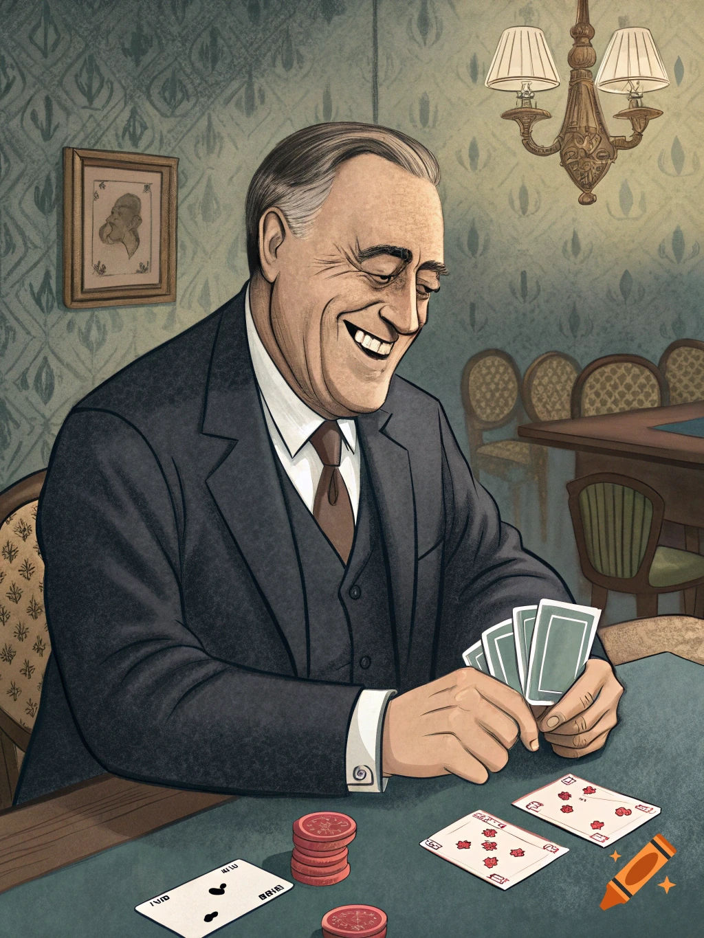 Cartoon of Franklin Roosevelt playing cards at a table