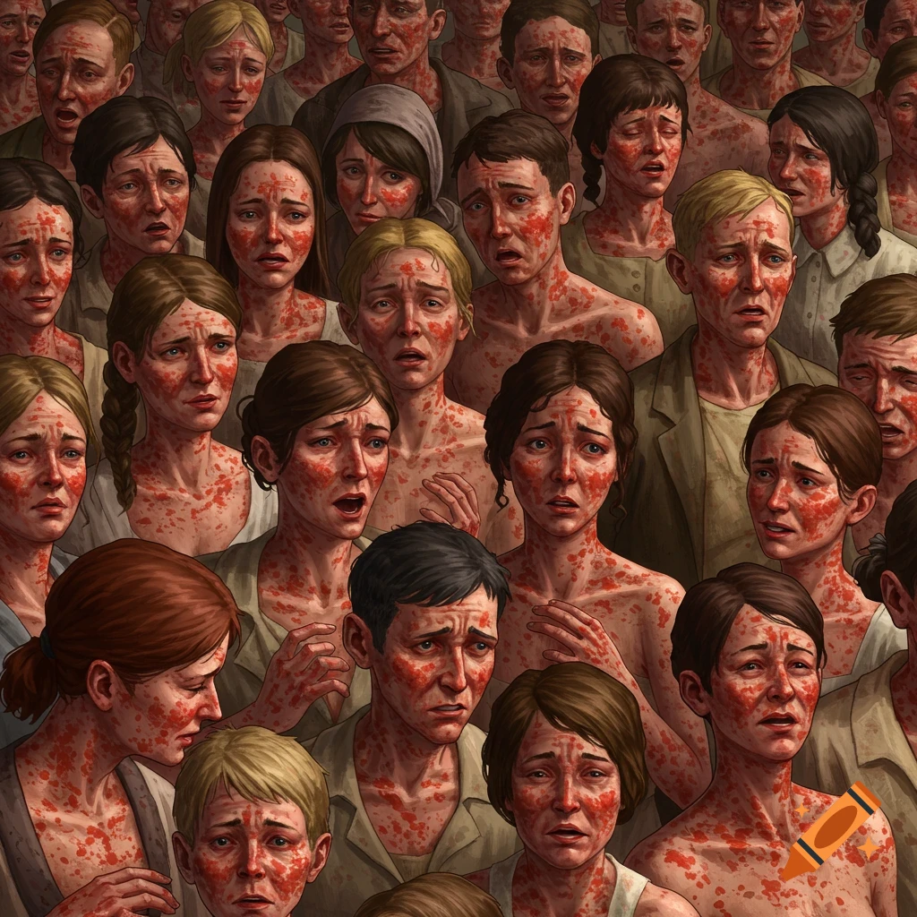 A crowd of people with distressed expressions, covered in red spots.
