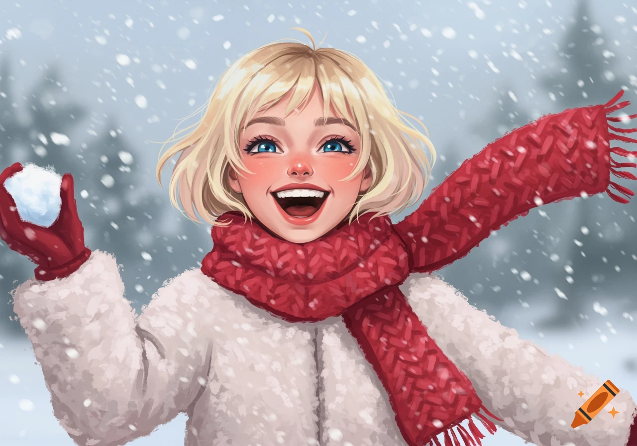 Whimsical image of a laughing girl in a red scarf playing in the snow.