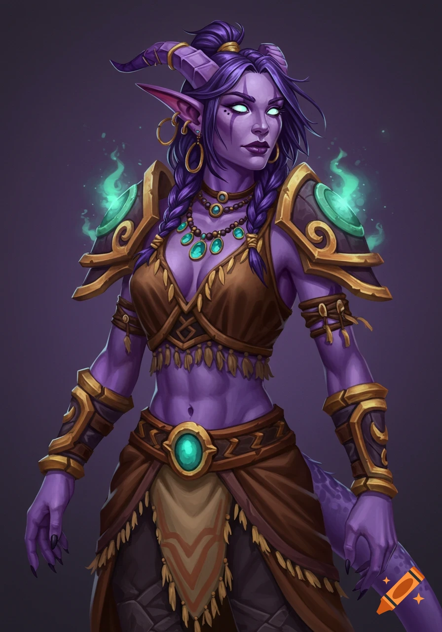A purple-skinned female fantasy character with horns, braided hair, armor, and glowing shoulders.