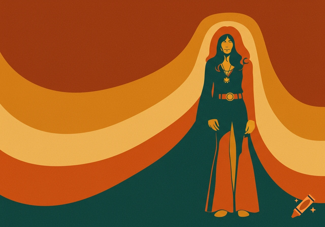Stylized woman in a dress against wavy 70s stripes, digital art.