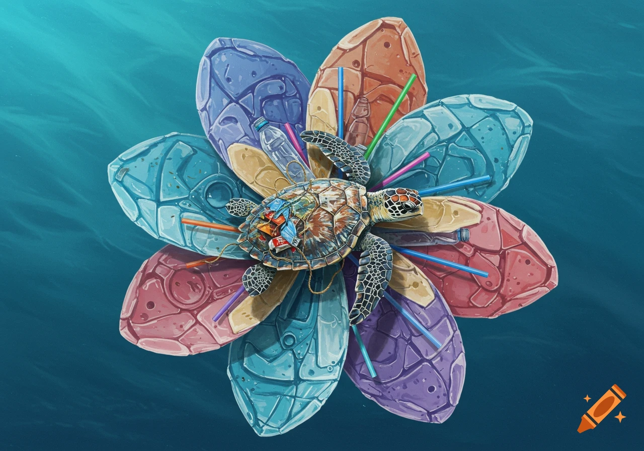 A sea turtle rests on flower-like petals made of plastic waste, floating in the ocean.
