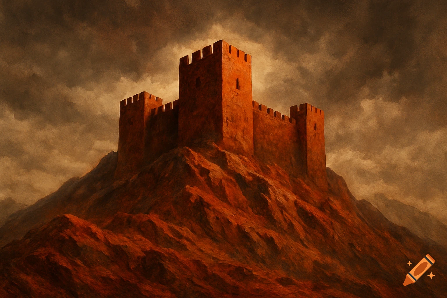 A dramatic image of an ancient, orange castle on a rocky hill under a dark, cloudy sky.