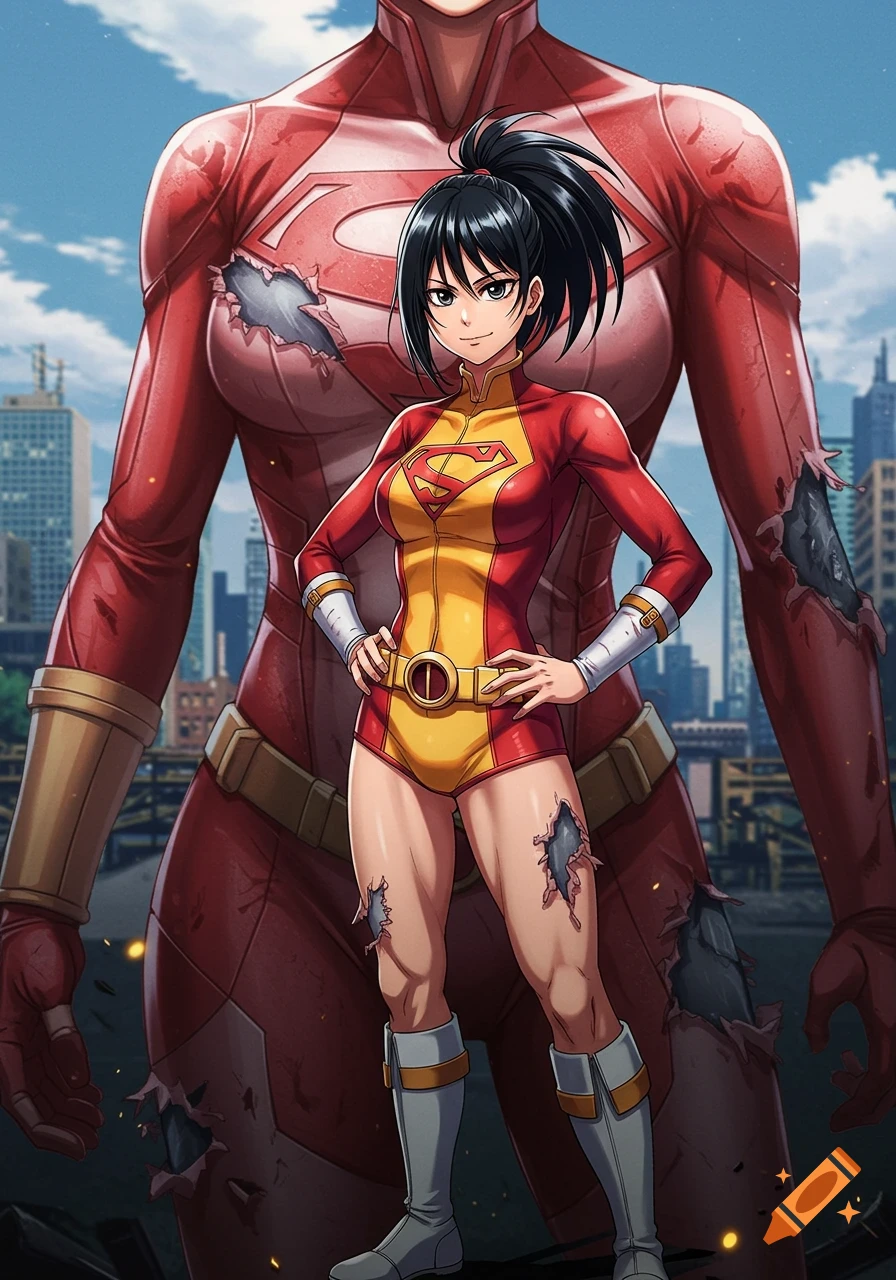 Anime style drawing of a female superhero in a torn red and yellow suit standing in front of a large, damaged figure.