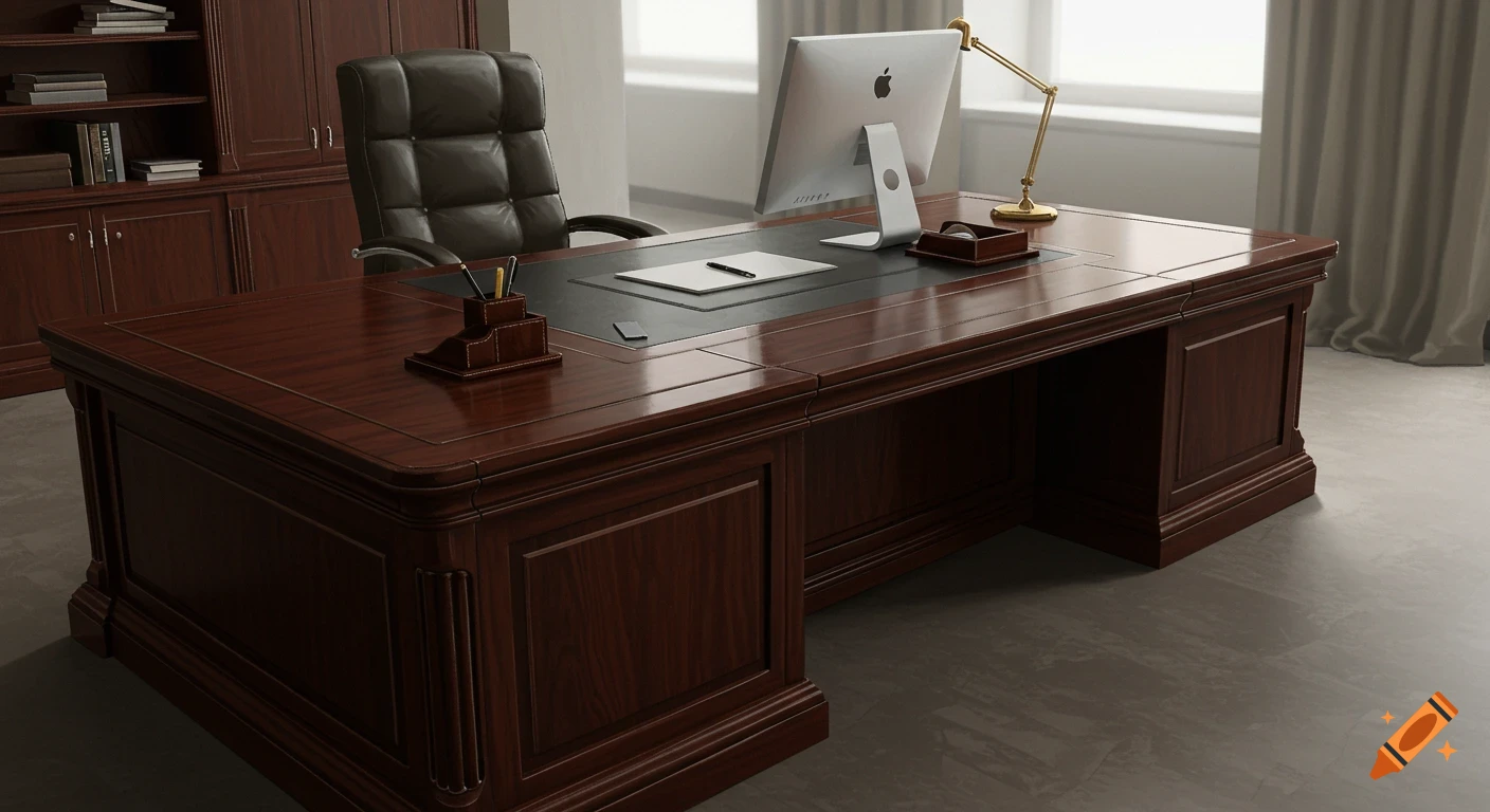 A large wooden office desk with a computer monitor and leather chair in a professional setting.