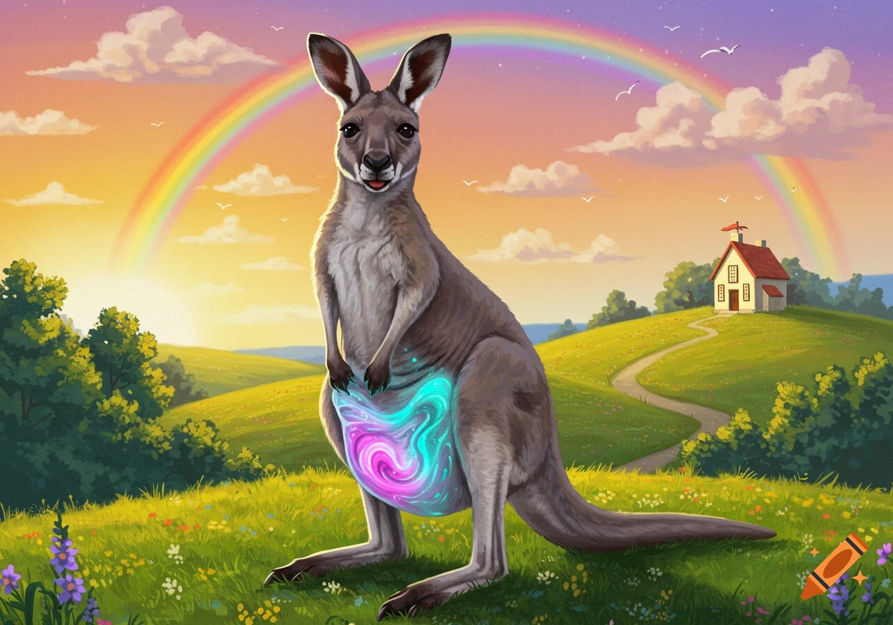 A kangaroo with a glowing pouch is standing in a sunny landscape under a rainbow.