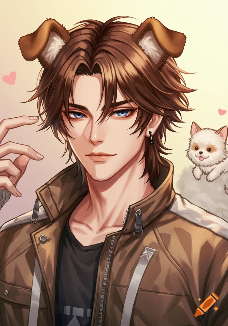 An anime portrait of a handsome man with dog ears and a small dog.