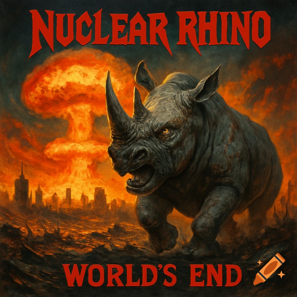 A charging rhino with a nuclear explosion behind a destroyed city, styled as an album cover with text "NUCLEAR RHINO WORLD'S END".