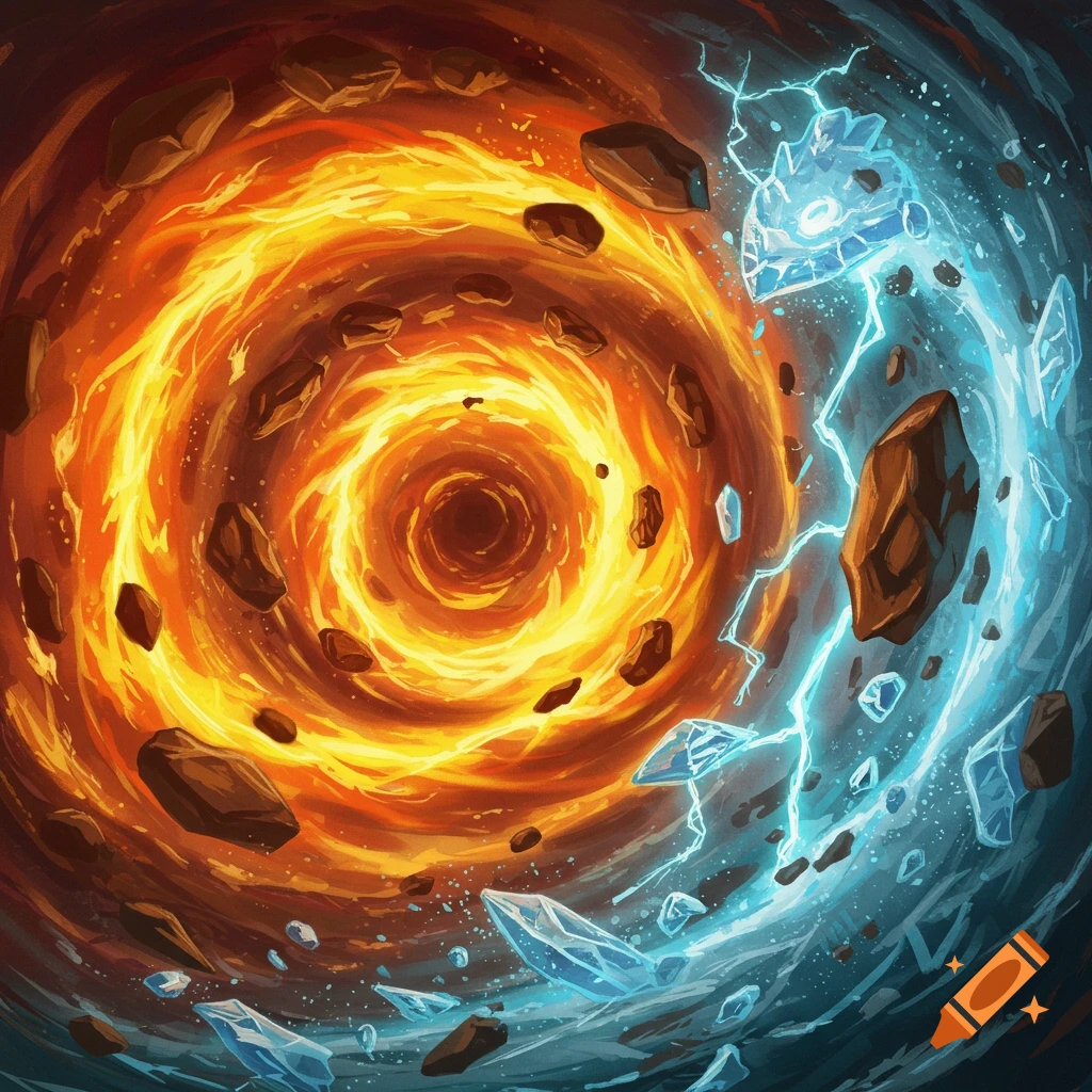 A swirling image split between a fiery orange vortex with rocks and a blue vortex with ice, lightning, and ice shards.
