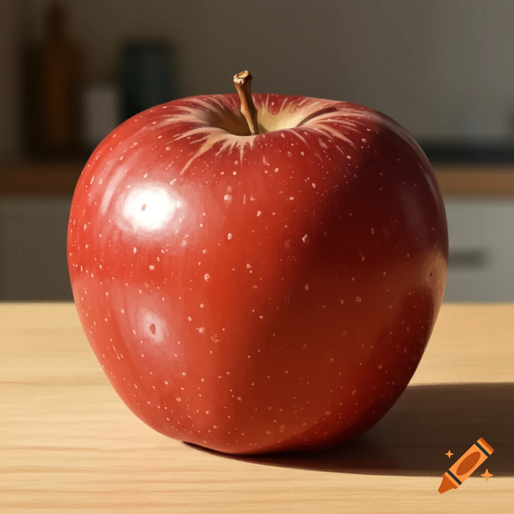 Close-up of a red apple on a wooden table with shadow.