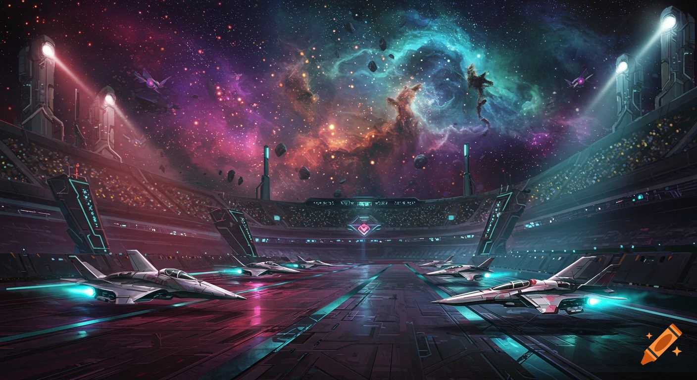A futuristic space stadium with jets on a runway under a vibrant nebula.