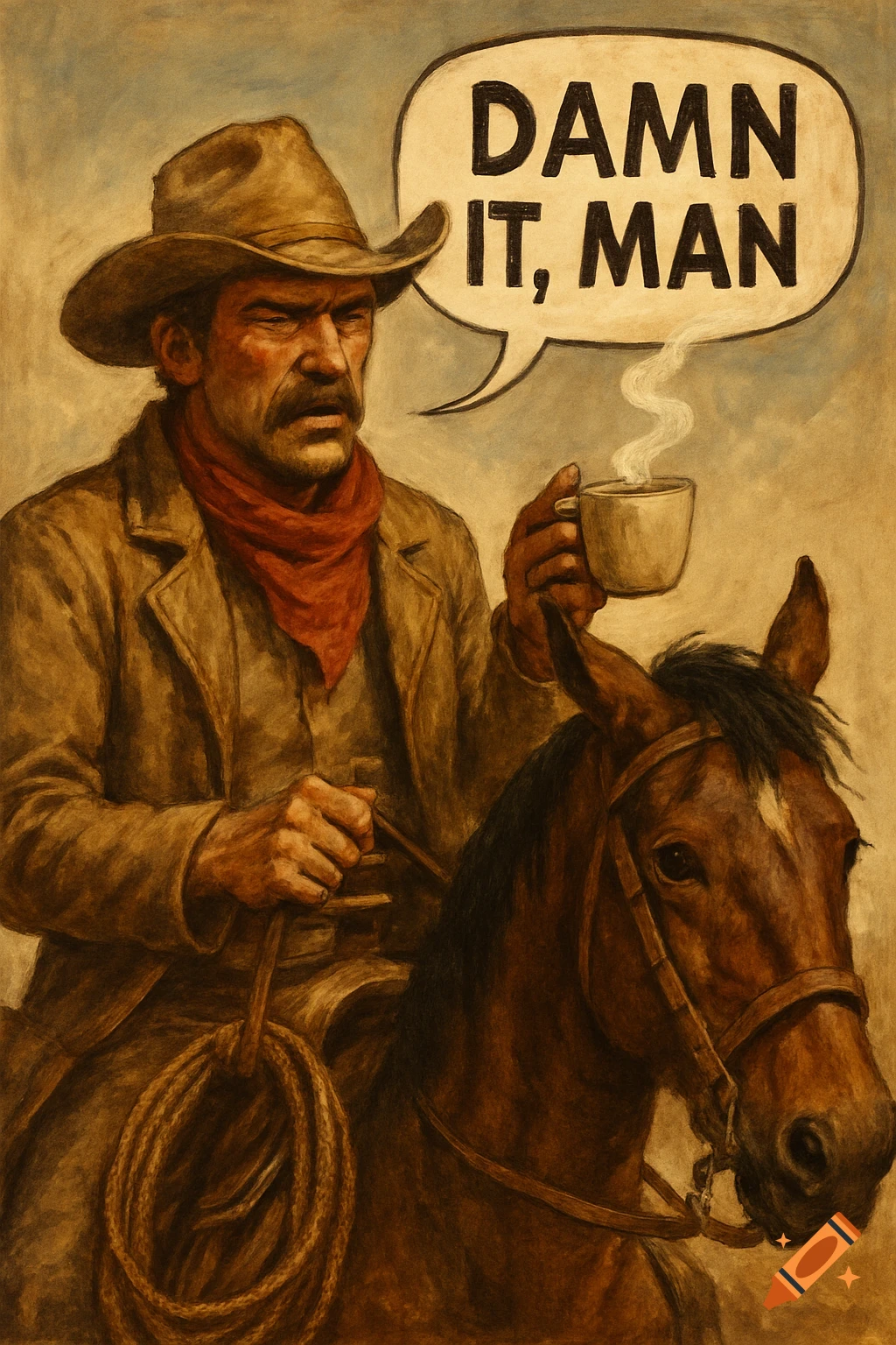 A cowboy on a horse holding coffee with a speech bubble saying 'Damn it, man'.