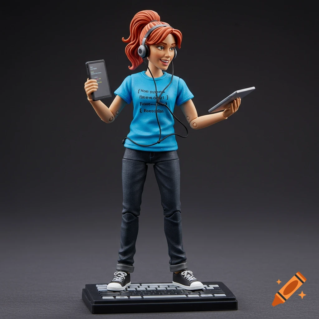 Action figure of a woman computer science teacher holding tablets and standing on a keyboard base.
