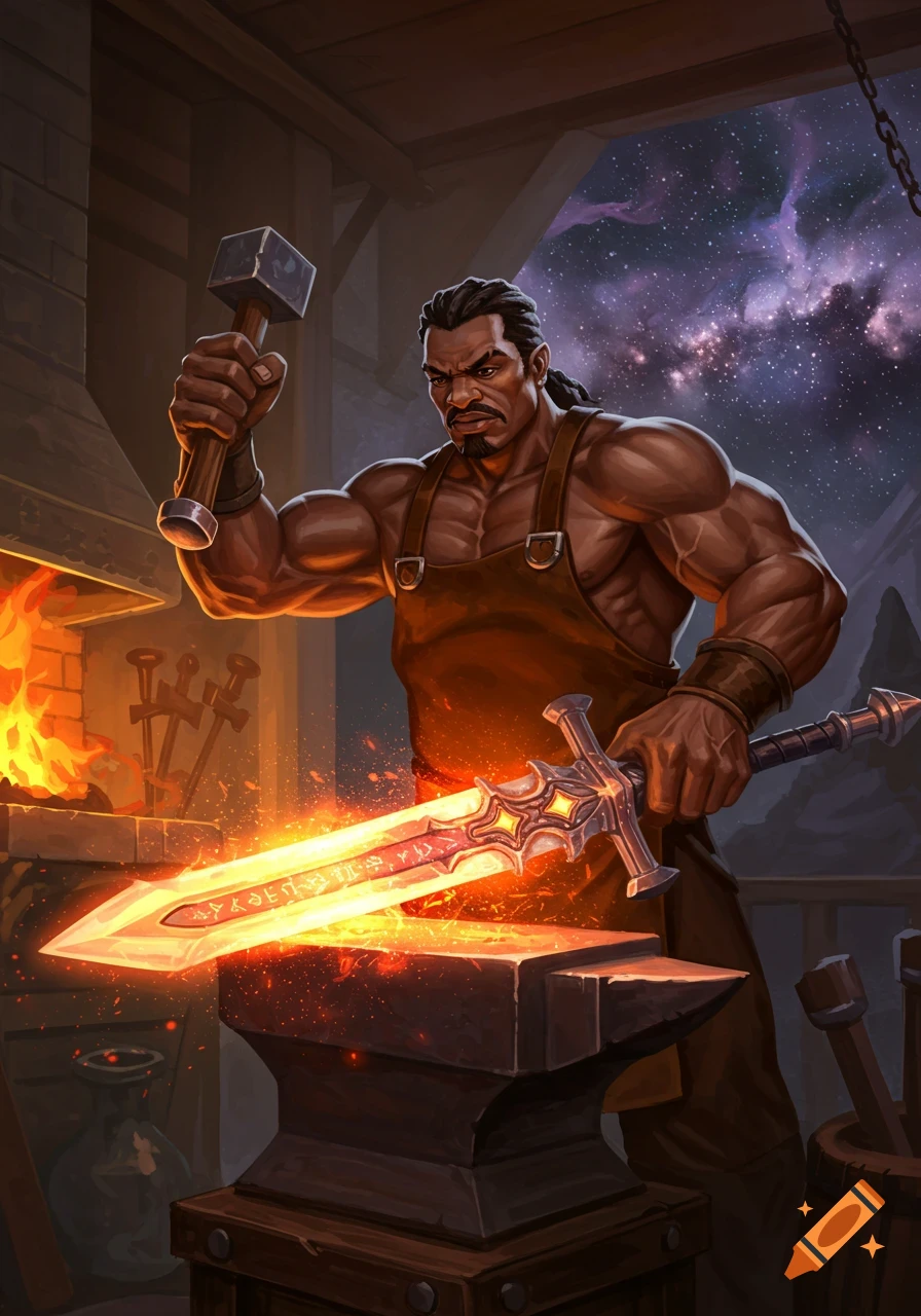 A muscular blacksmith hammering a glowing sword with runes on an anvil in a forge.