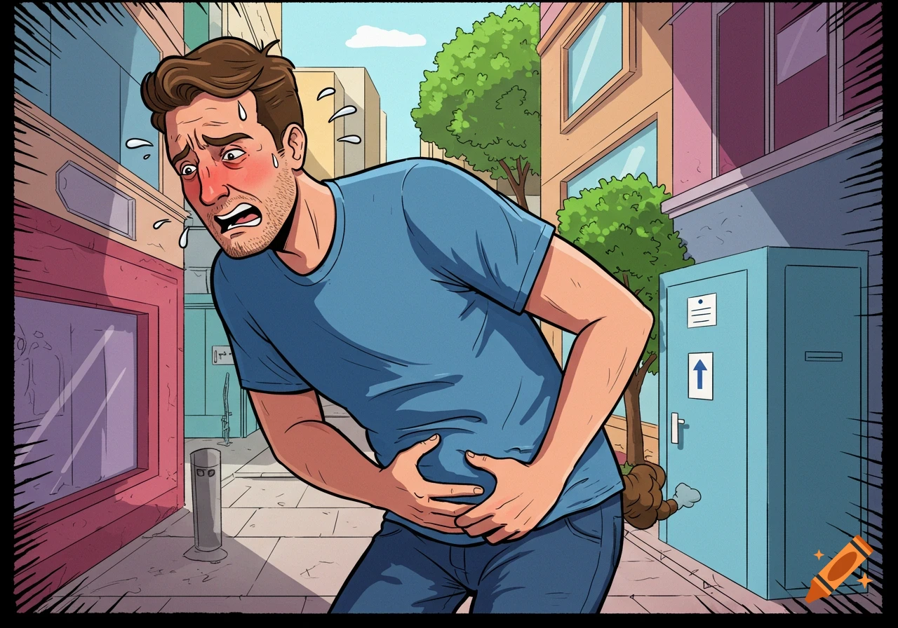 Stylized illustration of a man holding his stomach in discomfort on a city street.