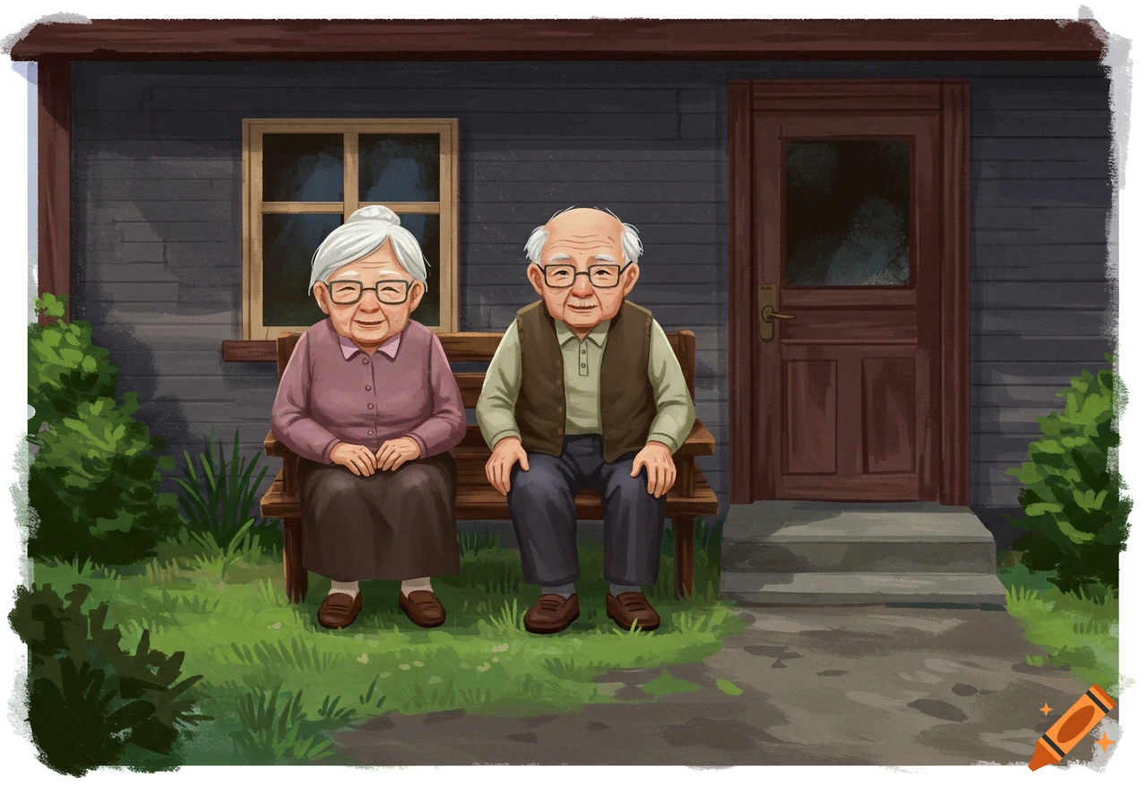 An elderly couple sitting on a bench outside a house.